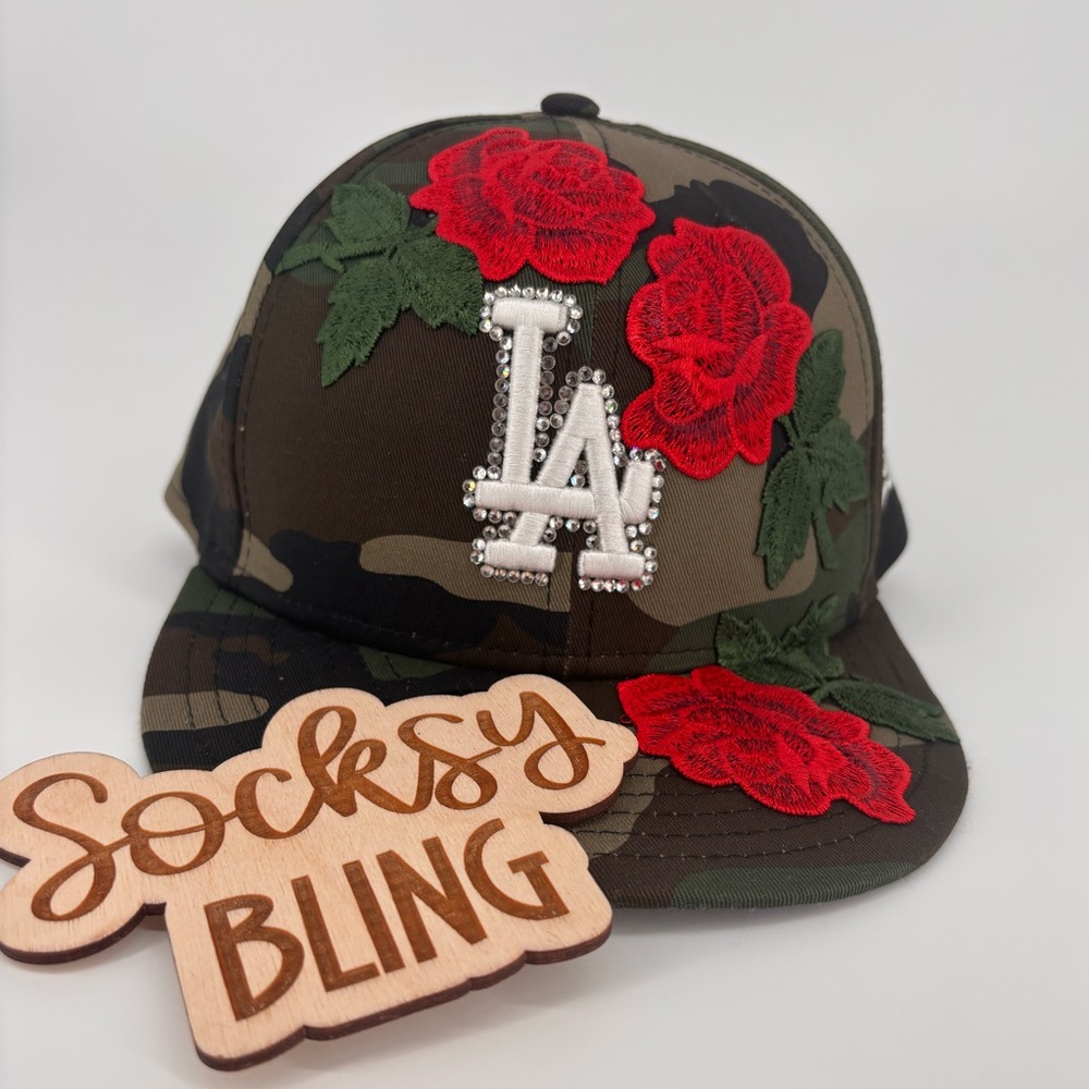 New Era Camo Cap with Bling and Red Floral Embroidery